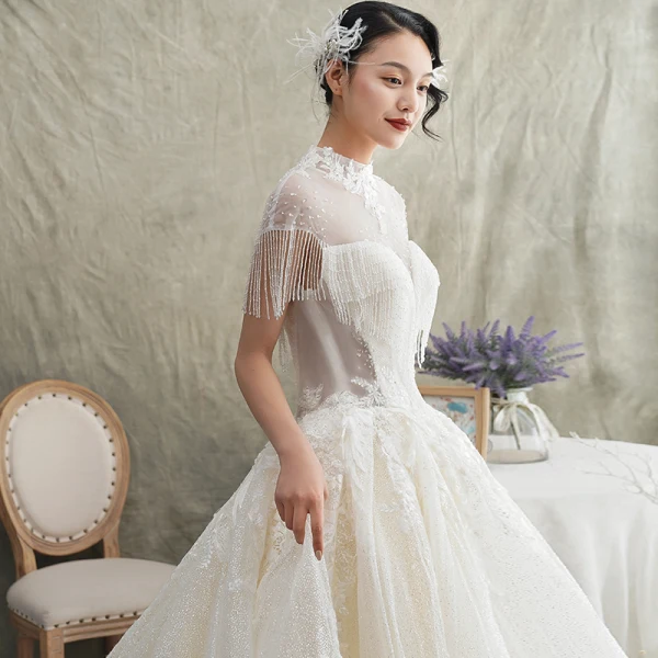 Luxe Champagne Transparentes Robe De Mariée 2019 Princesse Col Haut Manches Courtes Dos Nu Appliques En Dentelle Perlage Gland Glitter Tulle Cathedral Train Volants