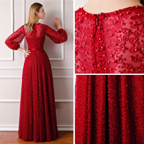 Luxe Bordeaux Robe De Soirée 2019 Princesse Encolure Dégagée Gonflée Manches Longues Fait main Perlage Perle Noeud Ceinture Fendue devant Longue Volants Robe De Ceremonie