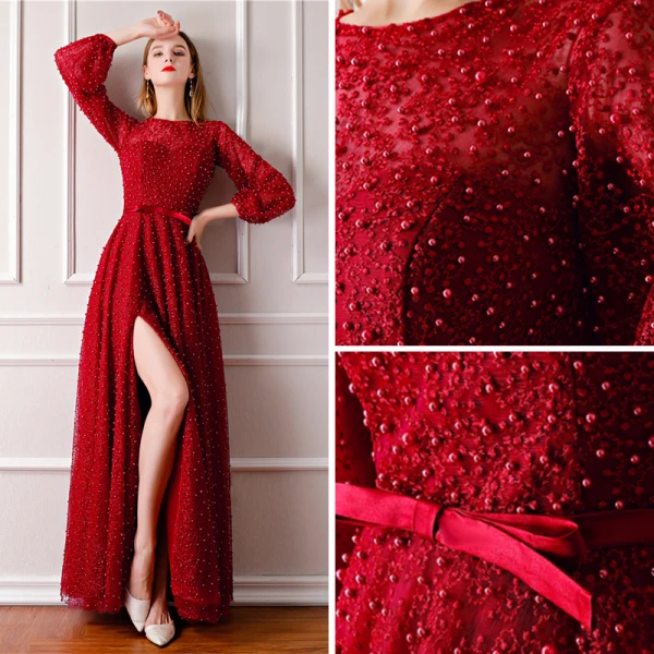 Luxe Bordeaux Robe De Soirée 2019 Princesse Encolure Dégagée Gonflée Manches Longues Fait main Perlage Perle Noeud Ceinture Fendue devant Longue Volants Robe De Ceremonie
