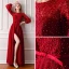 Luxe Bordeaux Robe De Soirée 2019 Princesse Encolure Dégagée Gonflée Manches Longues Fait main Perlage Perle Noeud Ceinture Fendue devant Longue Volants Robe De Ceremonie