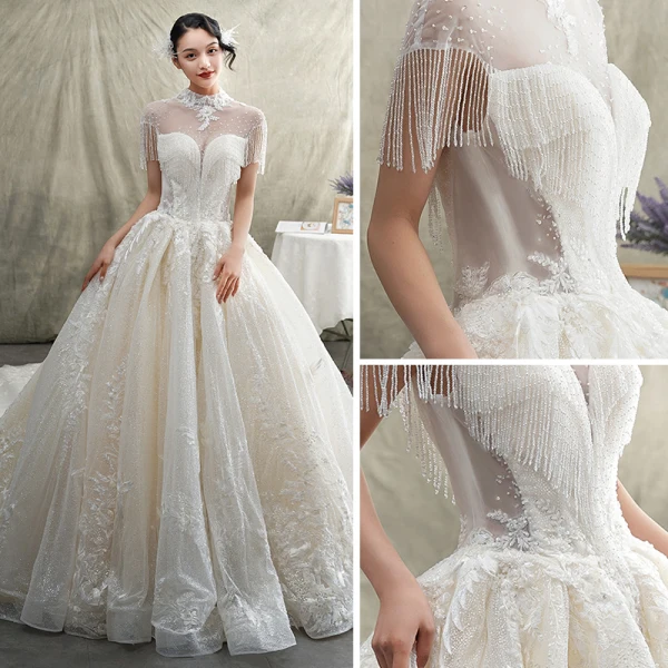 Luxe Champagne Transparentes Robe De Mariée 2019 Princesse Col Haut Manches Courtes Dos Nu Appliques En Dentelle Perlage Gland Glitter Tulle Cathedral Train Volants