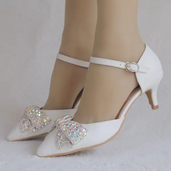 Chic / Beautiful White Rhinestone Bow Evening Party Womens Sandals 2025 5 cm Stiletto Heels Pointed Toe Womens Shoes