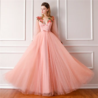 Modern Fashion Pearl Pink Prom Dresses 2019 A Line Princess V Neck Long Sleeve Pearl Appliques Embroidered Flower Glitter Tulle Bow Sash Floor Length Long