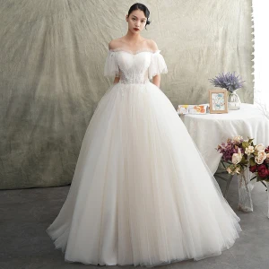 Elegantes Marfil Transparentes Vestidos De Novia 2019 Princesa Fuera Del Hombro Manga Corta Sin Espalda Rebordear Colas De Barrido Ruffle