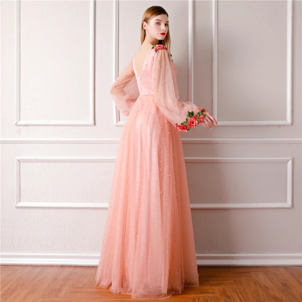 Modern / Fashion Pearl Pink Prom Dresses 2019 A-Line / Princess V-Neck Long Sleeve Pearl Appliques Embroidered Flower Glitter Tulle Bow Sash Floor-Length / Long