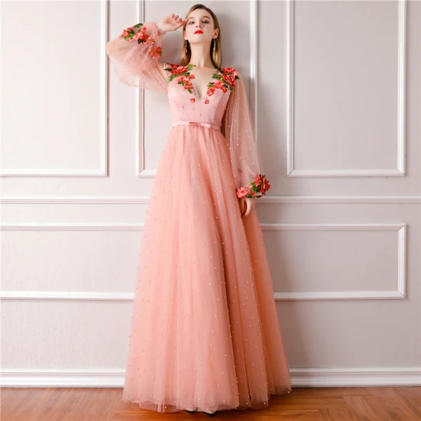 Modern / Fashion Pearl Pink Prom Dresses 2019 A-Line / Princess V-Neck Long Sleeve Pearl Appliques Embroidered Flower Glitter Tulle Bow Sash Floor-Length / Long