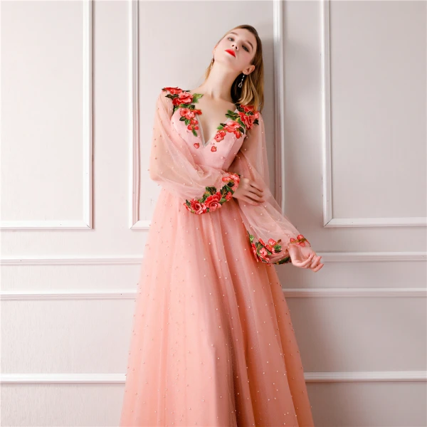 Modern / Fashion Pearl Pink Prom Dresses 2019 A-Line / Princess V-Neck Long Sleeve Pearl Appliques Embroidered Flower Glitter Tulle Bow Sash Floor-Length / Long