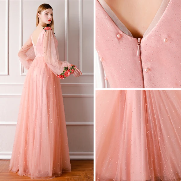 Modern / Fashion Pearl Pink Prom Dresses 2019 A-Line / Princess V-Neck Long Sleeve Pearl Appliques Embroidered Flower Glitter Tulle Bow Sash Floor-Length / Long