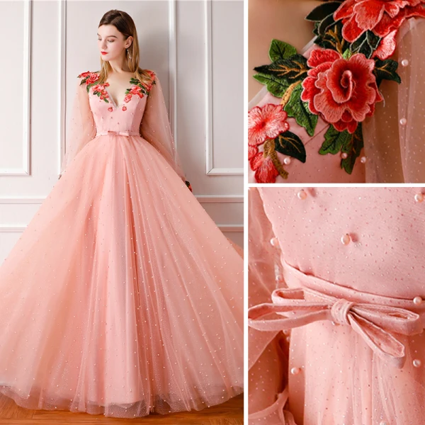 Modern / Fashion Pearl Pink Prom Dresses 2019 A-Line / Princess V-Neck Long Sleeve Pearl Appliques Embroidered Flower Glitter Tulle Bow Sash Floor-Length / Long