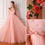 Modern / Fashion Pearl Pink Prom Dresses 2019 A-Line / Princess V-Neck Long Sleeve Pearl Appliques Embroidered Flower Glitter Tulle Bow Sash Floor-Length / Long