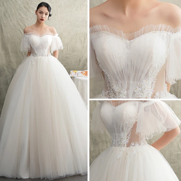Elegante Ivory / Creme Durchsichtige Brautkleider / Hochzeitskleider 2019 Prinzessin Off Shoulder Kurze Ärmel Rückenfreies Perlenstickerei Sweep / Pinsel Zug Rüschen