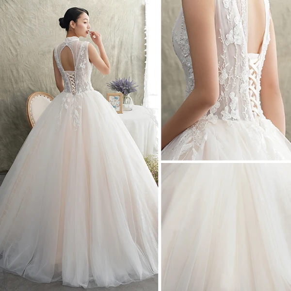 Vintage / Retro Champagne Outdoor / Garden Wedding Dresses 2019 A-Line / Princess High Neck Sleeveless Backless Appliques Lace Beading Floor-Length / Long Ruffle