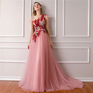 Elegant Candy Pink Evening Dresses 2019 A Line Princess One Shoulder Sleeveless Sash Embroidered Court Train Ruffle Backless Formal Dresses