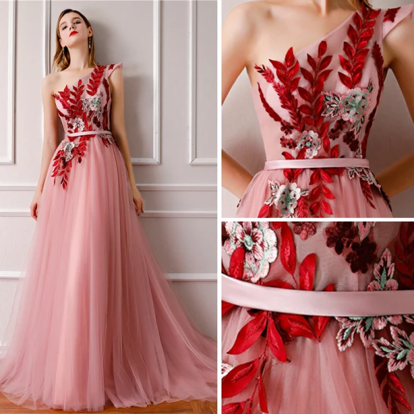 Élégant Rose Bonbon Robe De Soirée 2019 Princesse Une épaule Sans Manches Ceinture Brodé Tribunal Train Volants Dos Nu Robe De Ceremonie