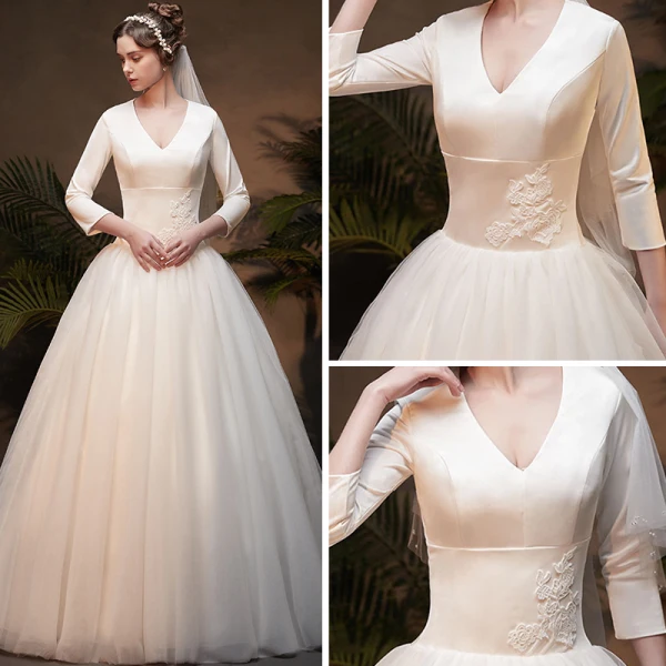 Vintage / Retro Affordable Ivory Winter Wedding Dresses 2019 A-Line / Princess V-Neck 3/4 Sleeve Appliques Lace Floor-Length / Long Ruffle