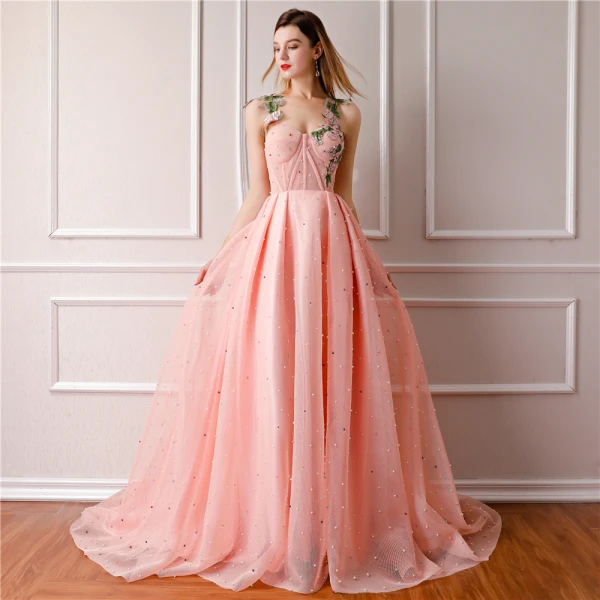 Luxury Gorgeous Pearl Pink Prom Dresses 2019 A-Line Princess Shoulders Embroidered