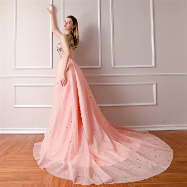 Luxury / Gorgeous Pearl Pink Prom Dresses 2019 A-Line / Princess Shoulders Embroidered Sleeveless Handmade  Pearl Chapel Train Ruffle Backless Formal Dresses