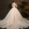 Classy Champagne See-through Wedding Dresses 2019 Ball Gown Scoop Neck 3/4 Sleeve Backless Appliques Lace Cathedral Train Ruffle
