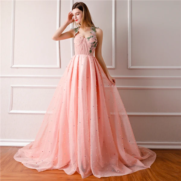 Luxury / Gorgeous Pearl Pink Prom Dresses 2019 A-Line / Princess Shoulders Embroidered Sleeveless Handmade  Pearl Chapel Train Ruffle Backless Formal Dresses