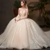 Classy Champagne See-through Wedding Dresses 2019 Ball Gown Scoop Neck 3/4 Sleeve Backless Appliques Lace Cathedral Train Ruffle
