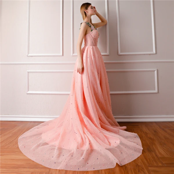 Luxury / Gorgeous Pearl Pink Prom Dresses 2019 A-Line / Princess Shoulders Embroidered Sleeveless Handmade  Pearl Chapel Train Ruffle Backless Formal Dresses
