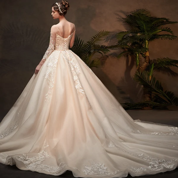 Classy Champagne See-through Wedding Dresses 2019 Ball Gown Scoop Neck 3/4 Sleeve Backless Appliques Lace Cathedral Train Ruffle