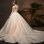 Classy Champagne See-through Wedding Dresses 2019 Ball Gown Scoop Neck 3/4 Sleeve Backless Appliques Lace Cathedral Train Ruffle
