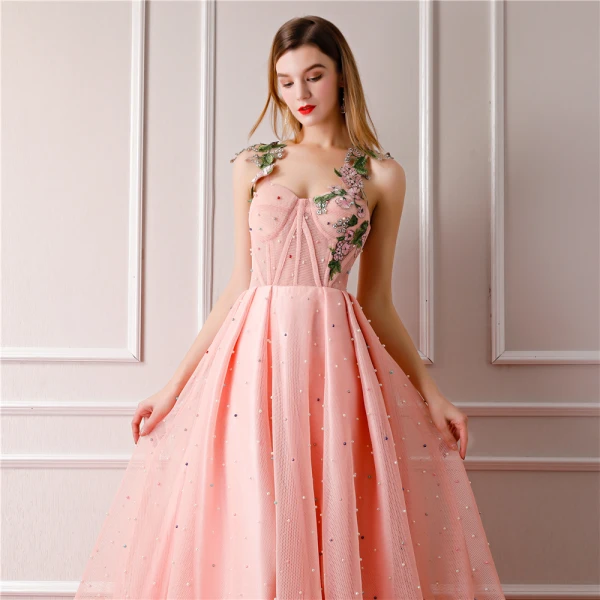 Luxury / Gorgeous Pearl Pink Prom Dresses 2019 A-Line / Princess Shoulders Embroidered Sleeveless Handmade  Pearl Chapel Train Ruffle Backless Formal Dresses