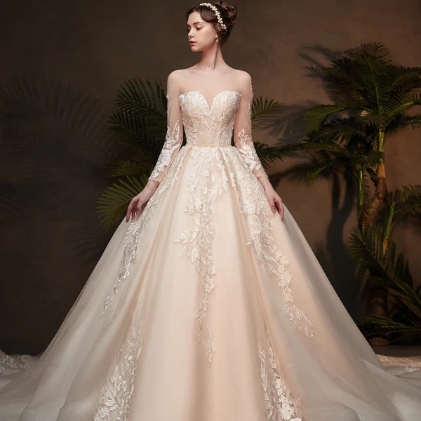 Classy Champagne See-through Wedding Dresses 2019 Ball Gown Scoop Neck 3/4 Sleeve Backless Appliques Lace Cathedral Train Ruffle