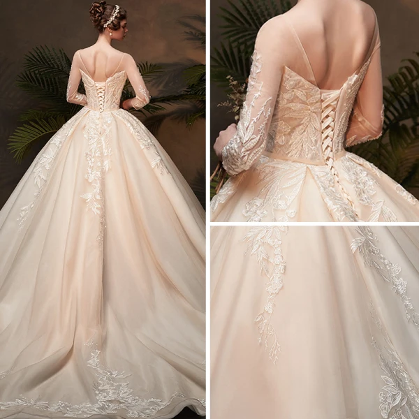 Classy Champagne See-through Wedding Dresses 2019 Ball Gown Scoop Neck 3/4 Sleeve Backless Appliques Lace Cathedral Train Ruffle