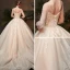 Classy Champagne See-through Wedding Dresses 2019 Ball Gown Scoop Neck 3/4 Sleeve Backless Appliques Lace Cathedral Train Ruffle