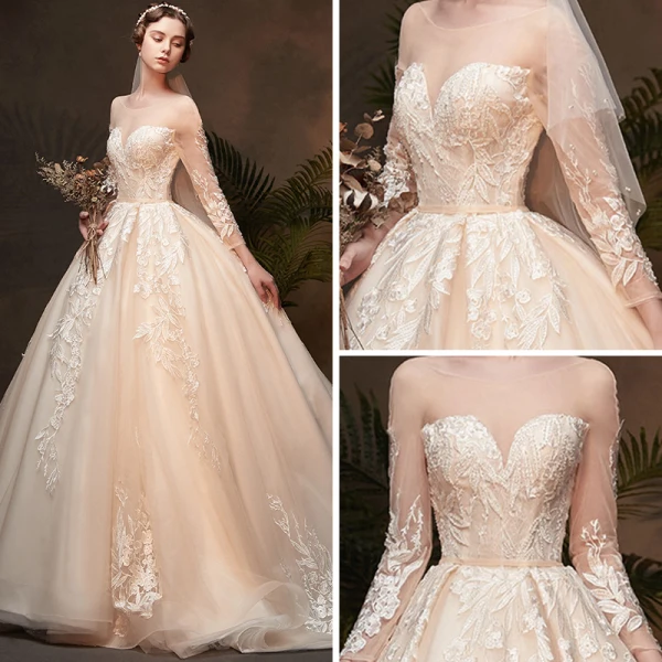Classy Champagne See-through Wedding Dresses 2019 Ball Gown Scoop Neck 3/4 Sleeve Backless Appliques Lace Cathedral Train Ruffle