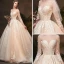 Classy Champagne See-through Wedding Dresses 2019 Ball Gown Scoop Neck 3/4 Sleeve Backless Appliques Lace Cathedral Train Ruffle