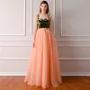 Hada de las flores Naranja Encaje 3D Vestidos de gala 2024 A-Line / Princess Largos Sin Espalda Corsé Flor Vestidos Formales