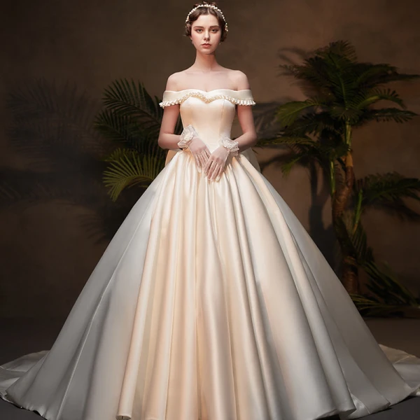 Vintage / Retro Ivory Satin Winter Wedding Dresses 2019 Ball Gown Off-The-Shoulder Short Sleeve Backless Bow Cathedral Train Ruffle