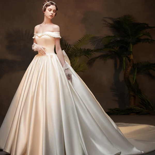 Vintage / Retro Ivory Satin Winter Wedding Dresses 2019 Ball Gown Off-The-Shoulder Short Sleeve Backless Bow Cathedral Train Ruffle