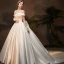 Vintage / Retro Ivory Satin Winter Wedding Dresses 2019 Ball Gown Off-The-Shoulder Short Sleeve Backless Bow Cathedral Train Ruffle