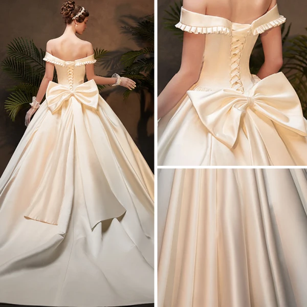 Vintage / Retro Ivory Satin Winter Wedding Dresses 2019 Ball Gown Off-The-Shoulder Short Sleeve Backless Bow Cathedral Train Ruffle