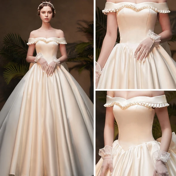 Vintage / Retro Ivory Satin Winter Wedding Dresses 2019 Ball Gown Off-The-Shoulder Short Sleeve Backless Bow Cathedral Train Ruffle