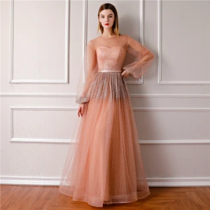 Bling Bling Orange Gjennomsiktig Selskapskjoler 2019 Prinsesse Scoop Halsen Puffy Langermede Glitter Tyll Lange Buste Formelle Kjoler