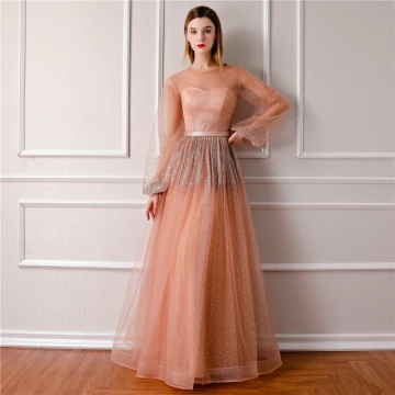 Bling Bling Orange Transparentes Robe De Soirée 2019 Princesse Encolure Dégagée Gonflée Manches Longues Glitter Tulle Longue Volants Robe De Ceremonie
