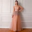 Bling Bling Orange See-through Evening Dresses  2019 A-Line / Princess Scoop Neck Puffy Long Sleeve Glitter Tulle Floor-Length / Long Ruffle Formal Dresses