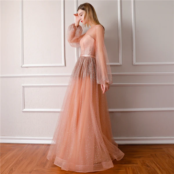Bling Bling Orange See-through Evening Dresses 2019 A-Line / Princess Scoop Neck Puffy Long Sleeve Glitter Tulle Floor-Length / Long Ruffle Formal Dresses