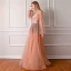 Bling Bling Orange See-through Evening Dresses  2019 A-Line / Princess Scoop Neck Puffy Long Sleeve Glitter Tulle Floor-Length / Long Ruffle Formal Dresses