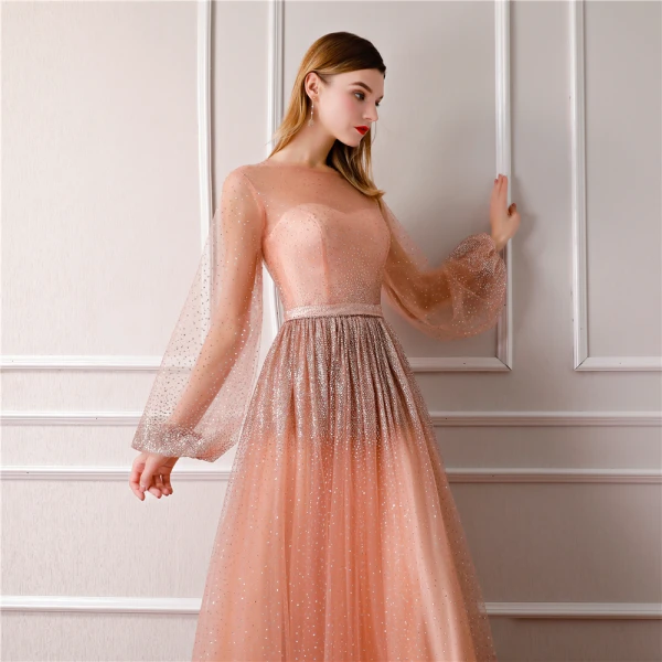 Bling Bling Orange See-through Evening Dresses 2019 A-Line / Princess Scoop Neck Puffy Long Sleeve Glitter Tulle Floor-Length / Long Ruffle Formal Dresses