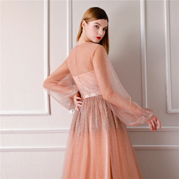 Bling Bling Orange See-through Evening Dresses 2019 A-Line / Princess Scoop Neck Puffy Long Sleeve Glitter Tulle Floor-Length / Long Ruffle Formal Dresses