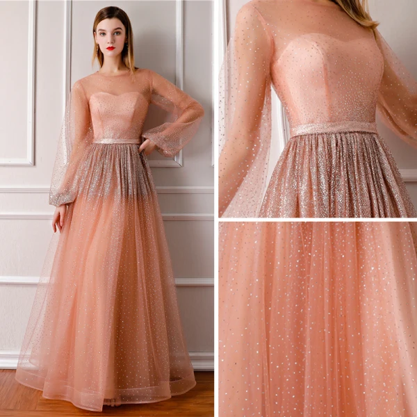 Bling Bling Orange See-through Evening Dresses 2019 A-Line / Princess Scoop Neck Puffy Long Sleeve Glitter Tulle Floor-Length / Long Ruffle Formal Dresses