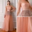 Bling Bling Orange See-through Evening Dresses  2019 A-Line / Princess Scoop Neck Puffy Long Sleeve Glitter Tulle Floor-Length / Long Ruffle Formal Dresses