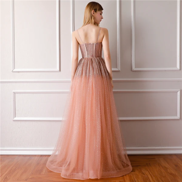 Bling Bling Orange Prom Dresses 2019 A-Line / Princess Spaghetti Straps Sleeveless Glitter Tulle Floor-Length / Long Ruffle Backless Formal Dresses