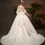 Vintage / Retro Ivory Satin Winter Wedding Dresses 2019 Princess Scoop Neck Puffy 3/4 Sleeve Backless Bow Chapel Train Ruffle
